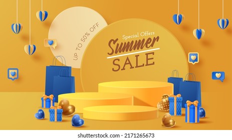 Summer display podium decoration background with beach ornament. Vector 3D Illustration
