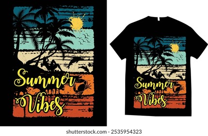 Summer distressed vector t-shirt design with palm trees silhouette and phrase Summer vibes,Summer vacation,Summer relax tshirt design