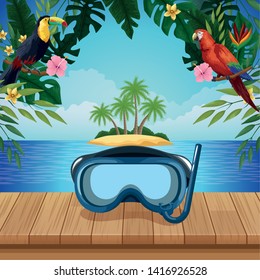 Summer diving mask on wooden floor over beachscape scenery vector illustration graphic design