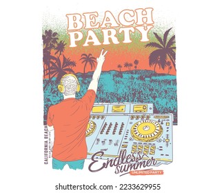 Summer dj beach party vector print design. Endless summer music tour. Beach vibes colorful graphics artwork.