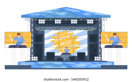 Summer DJ music festival flat vector illustration. Electronic musicfest. Turntablist creating new mix. Open air live performance. Deejay on stage isolated cartoon character on white background