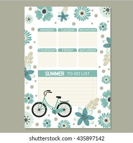 Summer to do list. Cute page for notes. Notebooks,decals, diary, school accessories. Cute romantic vector page with bike and flowers. 