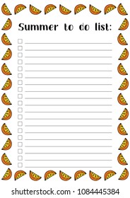 Summer to do list with fruit.Oranges, slices of oranges.  Printable page A4.