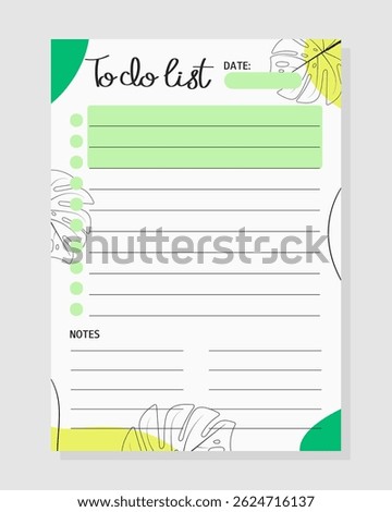 Summer to do list with monstera leaves. Template for print, planner, diary, shopping, organizer, checklist, notes.