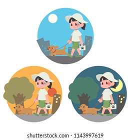 Summer dog walking pet female background heat stroke set