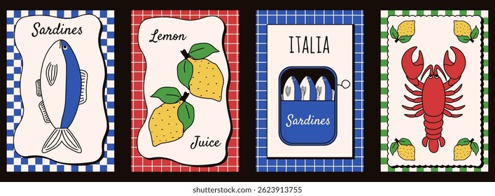 Summer. Dolce vita. Italy poster cover set. Vector illustration of Amalfi art. Mediterranean background with lemon lobster sardines and italian tile texture. EPS 10