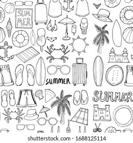 Summer doodle background seamless pattern. Drawing vector illustration hand drawn