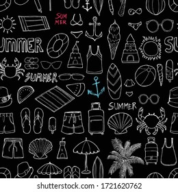 Summer doodle background seamless pattern. Drawing illustration hand drawn vector on chalkboard