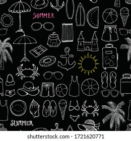 Summer doodle background seamless pattern. Drawing illustration hand drawn vector on chalkboard