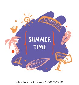 Summer doodle banner , hand drawn beach promotion. Traveling sketch.