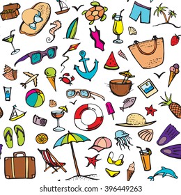 Summer doodle  color pattern. Summer beach holidays, travel, shoes, ice cream, shells, ball, drink, towel, sunglasses, parasol. Hand drawn doodle. Seamless vector sketch background