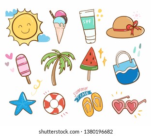 summer doodle cute collection item cartoon vector with cute pastel color and beach theme