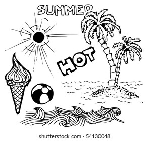 Summer doodle elements - sun, ocean, palm trees, ice cream, ball
