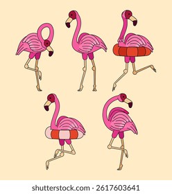 summer doodle of flamingos on the beach, including flamingos wearing lifebuoy. Can be used for children books, backgrounds, banners, posters, ads