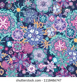 Summer Doodle Floral Pattern
Seamless vector texture with colorful lineart futuristic flowers on blue background