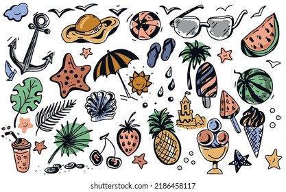 Gráficos de doodle de verano con paraguas de playa de color dibujados a mano elementos aislados en vacaciones de fondo blanco