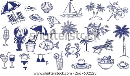 summer, doodle, grunge, chalk, drawing, vector, illustration, rough, sea, beach, coastal, mediterranean, seacoast, vintage, italian, greece, wine, seafood, palm tree, lobster, lemon, wave, vignetting,
