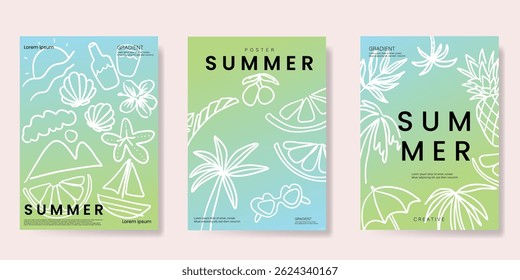 Summer doodle hand drawn poster background vector set. Colorful abstract wallpaper with coconut tree, lemon, pineapple. Happy summertime illustration design for greeting card, drink menu, beverages.