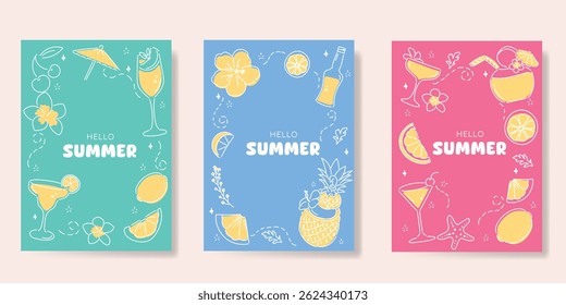 Summer doodle hand drawn poster background vector set. Colorful abstract wallpaper with cocktail, lemon, pineapple. Happy summertime illustration design for greeting card, drink menu, beverages.