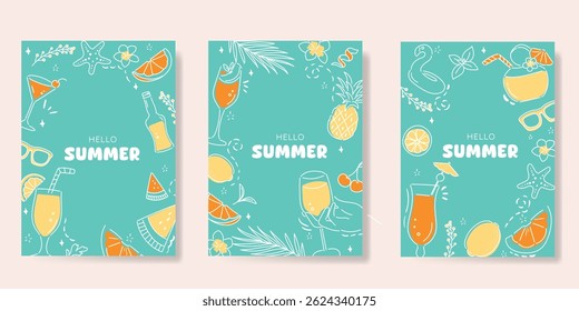 Summer doodle hand drawn poster background vector set. Colorful abstract wallpaper with cocktail, lemon, pineapple. Happy summertime illustration design for greeting card, drink menu, beverages.
