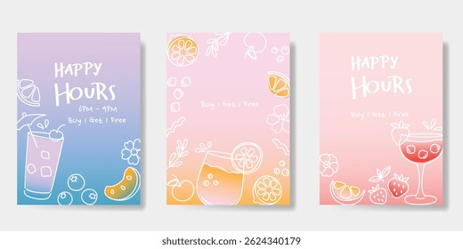 Summer doodle hand drawn poster background vector set. Colorful abstract wallpaper with cocktail, lemon, pineapple. Happy summertime illustration design for greeting card, drink menu, beverages.