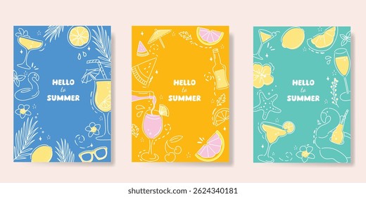 Summer doodle hand drawn poster background vector set. Colorful abstract wallpaper with cocktail, lemon, pineapple. Happy summertime illustration design for greeting card, drink menu, beverages.
