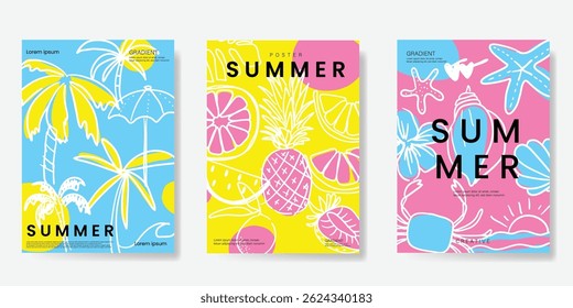 Summer doodle hand drawn poster background vector set. Colorful abstract wallpaper with coconut tree, lemon, pineapple. Happy summertime illustration design for greeting card, drink menu, beverages.