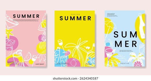 Summer doodle hand drawn poster background vector set. Colorful abstract wallpaper with coconut tree, lemon, pineapple. Happy summertime illustration design for greeting card, drink menu, beverages.