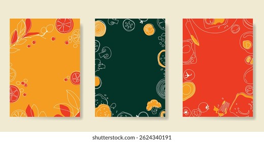 Summer doodle hand drawn poster background vector set. Colorful abstract wallpaper with tomato, mushroom, leaf. Happy summertime illustration design for greeting card, drink menu, beverages.