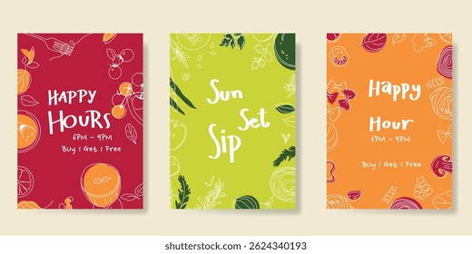 Conjunto de Vector de fondo de póster dibujado a mano de doodle de verano. Fondo de pantalla abstracto colorido con tomate, champiñón, hoja. Diseño feliz de la ilustración del verano para la tarjeta de felicitación, menú de la bebida, bebidas.