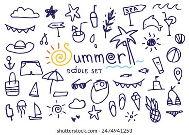 Summer doodle hand drawn set, set of summer elements, vector set. Beach party, sea, travel, vacation. Cute illustration of tropical leaves, fruits and cocktails sketches, summertime line stickers.