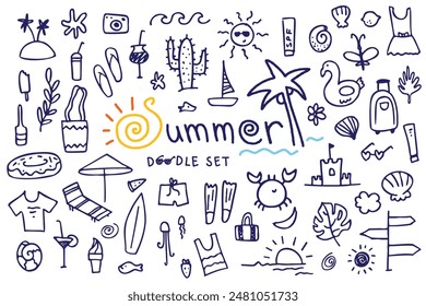 Summer doodle hand drawn set, set of elements, vector set. Beach party, sea, travel, vacation. Illustration of tropical leaves, fruits cocktails sketches, sand castles, swimsuits, ice creams etc. 