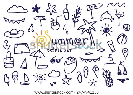 Summer doodle hand drawn set, set of summer elements, vector set. Beach party, sea, travel, vacation. Cute illustration of tropical leaves, fruits and cocktails sketches, summertime line stickers.