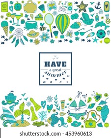Summer doodle hand drawn vector elements and objects, beach symbols.
