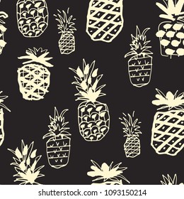 Summer doodle hand drawn vintage pineapples seamless pattern on black background  in vector