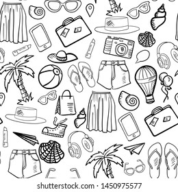 Summer doodle with holiday outfits and objects. Fun seamless vector pattern