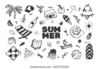 Icono de Doodle de verano conjunto Playa Dibujado a mano Vector Ilustración de vacaciones. Diseño de concepto de viaje de vacaciones de playa de mar aislado sobre fondo blanco. Colección linda del símbolo del bosquejo de la tinta del verano, tipografía.