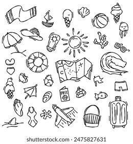 Summer doodle icons set. Summer elements map, sun, ice cream, airplane and other. Vector illustration.