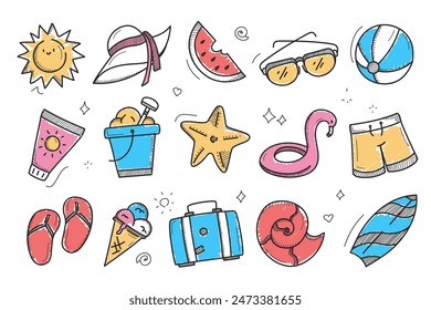 Summer doodle icons set vector isolated. Illustration of hand-drawn cute icons. Concept of tourism in tropical countries. Swimsuit, sunglasses, seashell and watermelon.