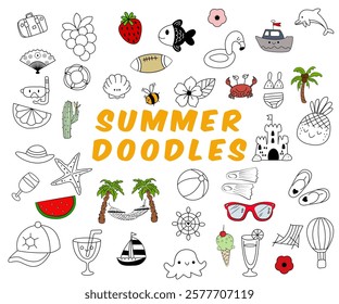  Summer Doodle Icons Sketch Hand Made Design Vector illustration Clip Art.