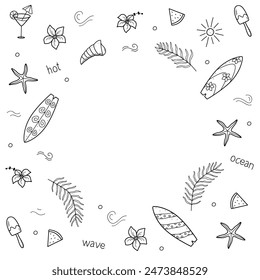 Summer doodle icons. Vector illustration of a surfboard, palm flowers, shells. The concept of active and beach holidays.