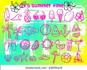 summer doodle icons,brush sketch illustration,beach icons