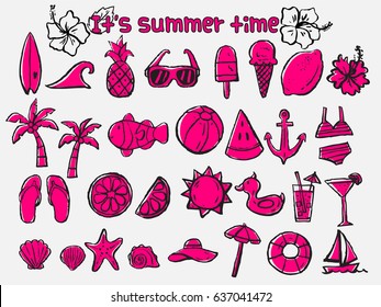 summer doodle icons,brush sketch illustration,beach icons