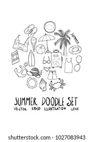 Summer doodle illustration circle form wallpaper background line sketch style set