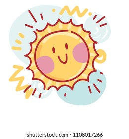 Summer doodle illustration on colorful geometric background with smooth lines: cute smiling sun character. Cute hand drawn vector art in cartoon style
