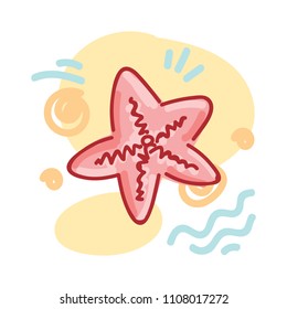 Summer doodle illustration on colorful geometric background with smooth lines: sea star. Cute hand drawn vector art in cartoon style