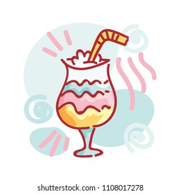 Summer doodle illustration on colorful geometric background with smooth lines: cocktail in beautiful glass. Cute hand drawn vector art in cartoon style