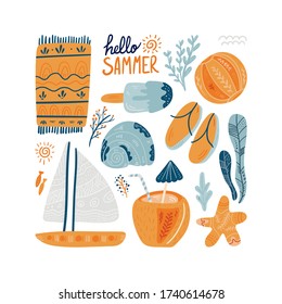 Summer doodle isolated on a white background. Hand draw cartoon Scandinavian nordic design style for fashion or interior or cover or textile or background.