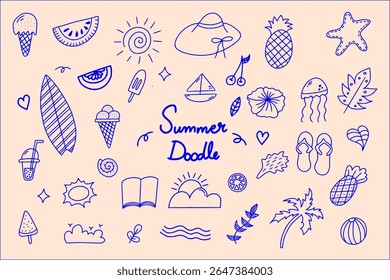 Conjunto isolado de verão doodle, elementos de férias vetoriais modernos abstratos, Mão desenhada summertime outlines e desenho de linha