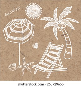 Summer doodle isolated symbols on kraft background. Vector hand-drawn illustration.